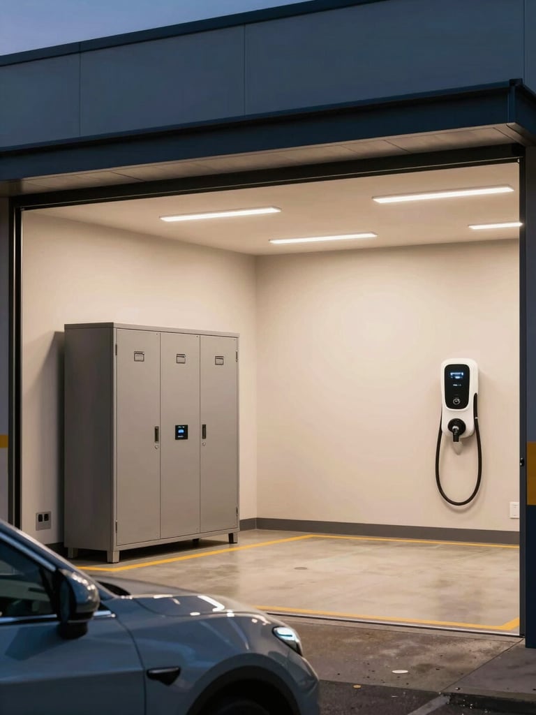 Wide-angle shot of a Sydney garage interior at dusk, battery storage unit on the left wall and EV charger on the right wall both visible in the same frame, warm interior light, electric vehicle partially visible in the foreground
