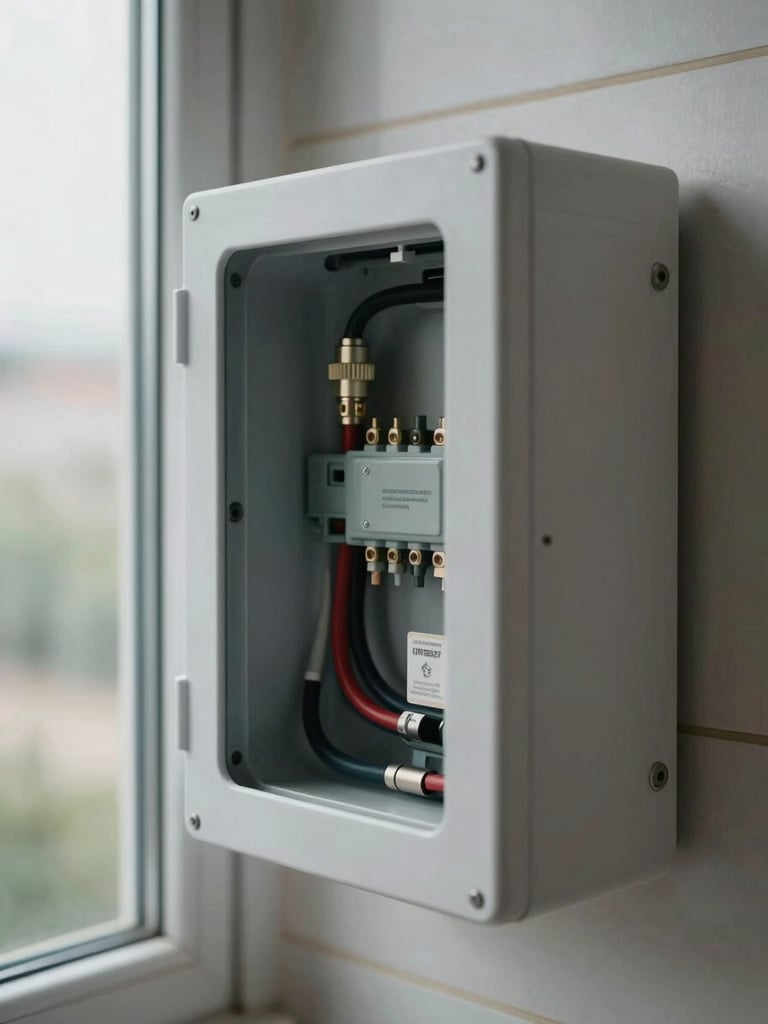 Close-up of a home battery system mounted on a laundry wall, wiring harness visible entering a certified enclosure, soft overcast daylight through a nearby window, connection terminals and conduit in sharp focus, background wall tiles slightly out of focus