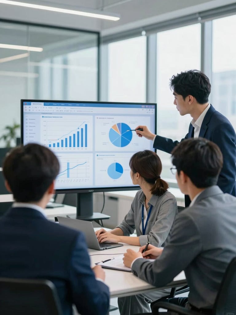 Modern corporate office environment with team members collaborating over data charts on a screen, bright natural light, cool blue undertones, shallow depth of field