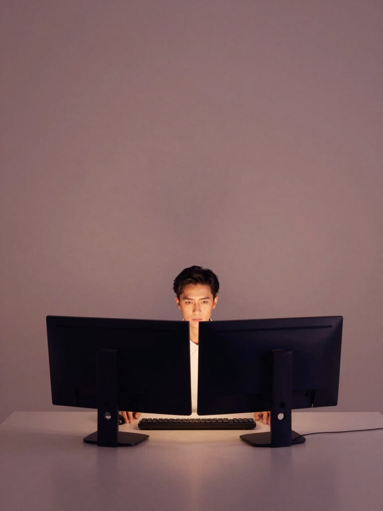 Minimalist editorial portrait of a focused professional looking at a dual-monitor setup, soft warm ambient lighting with subtle amber glow, muted mauve tones, 35mm