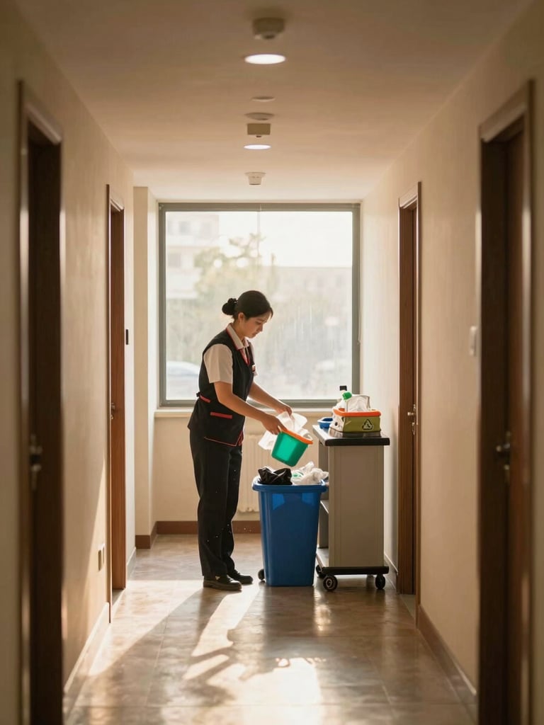 Environmental wide shot looking into a mid-sized hotel corridor, a housekeeper in uniform sorting recyclables into colour-coded bins near a service trolley, warm golden-hour light streaming through a tall window at the far end, dust motes visible in the shaft of light, operational and unhurried