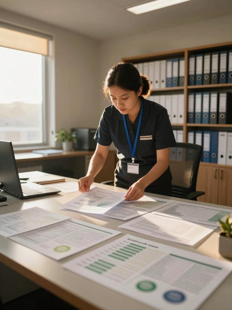 Environmental wide shot of a hotel back-office room at golden hour, a single staff member reviewing printed sustainability data sheets spread across a desk, warm side-light from a window to the left, shelves of operational binders visible in background