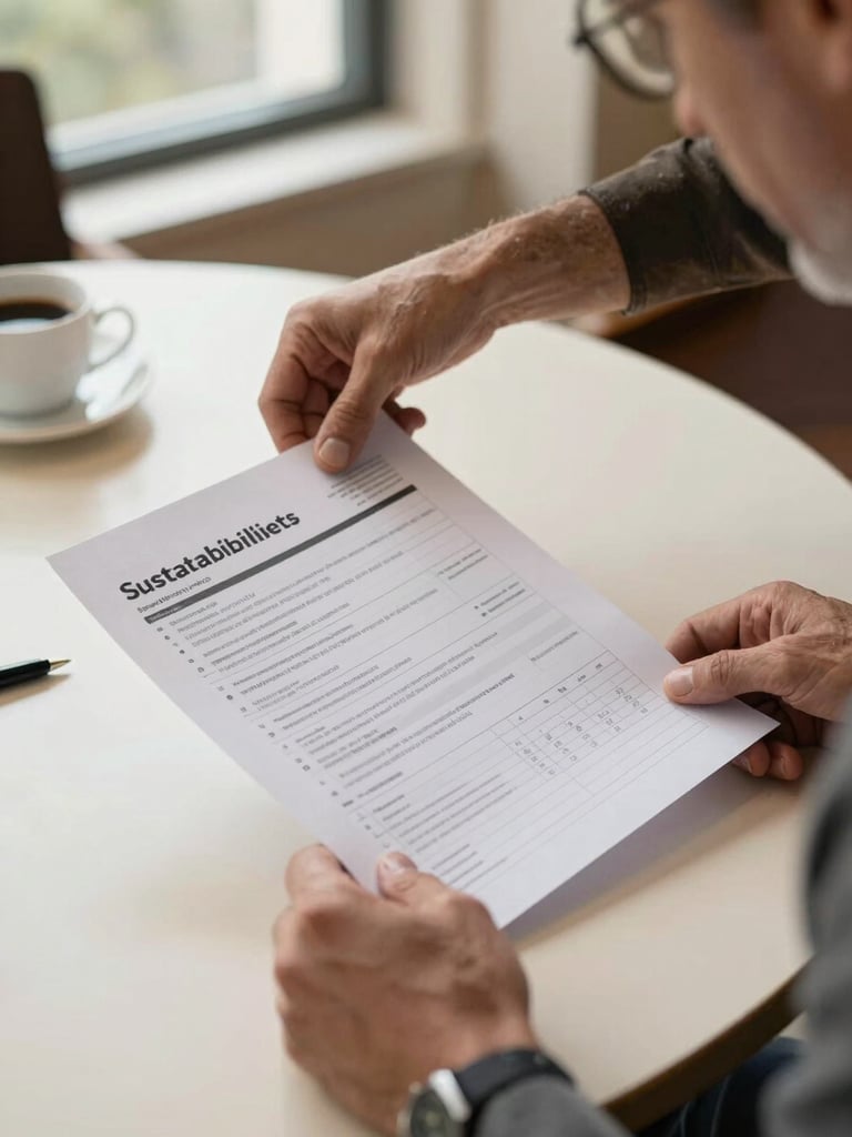 Close environmental shot: hands of a seasoned man reviewing printed sustainability audit sheets on a hotel meeting table, natural north-facing window light, coffee cup and pen visible, warm cream tones