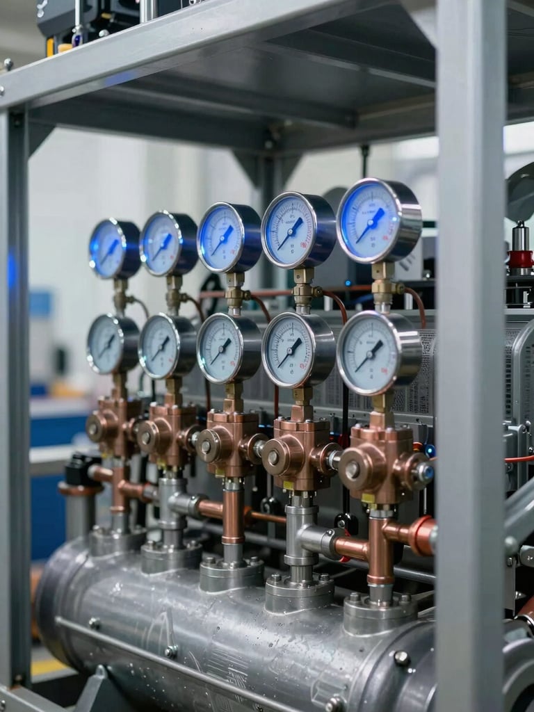 Close-up of a highly organized industrial compressor rack, cool steel pipes with technical digital pressure gauges, crisp blue led lighting, high-contrast engineering focus