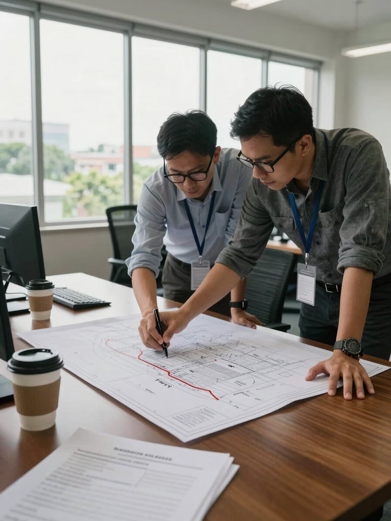 Documentary working session inside a mid-century Johor Bahru office: two people leaning over a large-format site plan spread across a wooden table, one hand tracing a development boundary with a pen, natural daylight from tall windows, coffee cups and printed deal memos visible in the foreground, no posed expressions