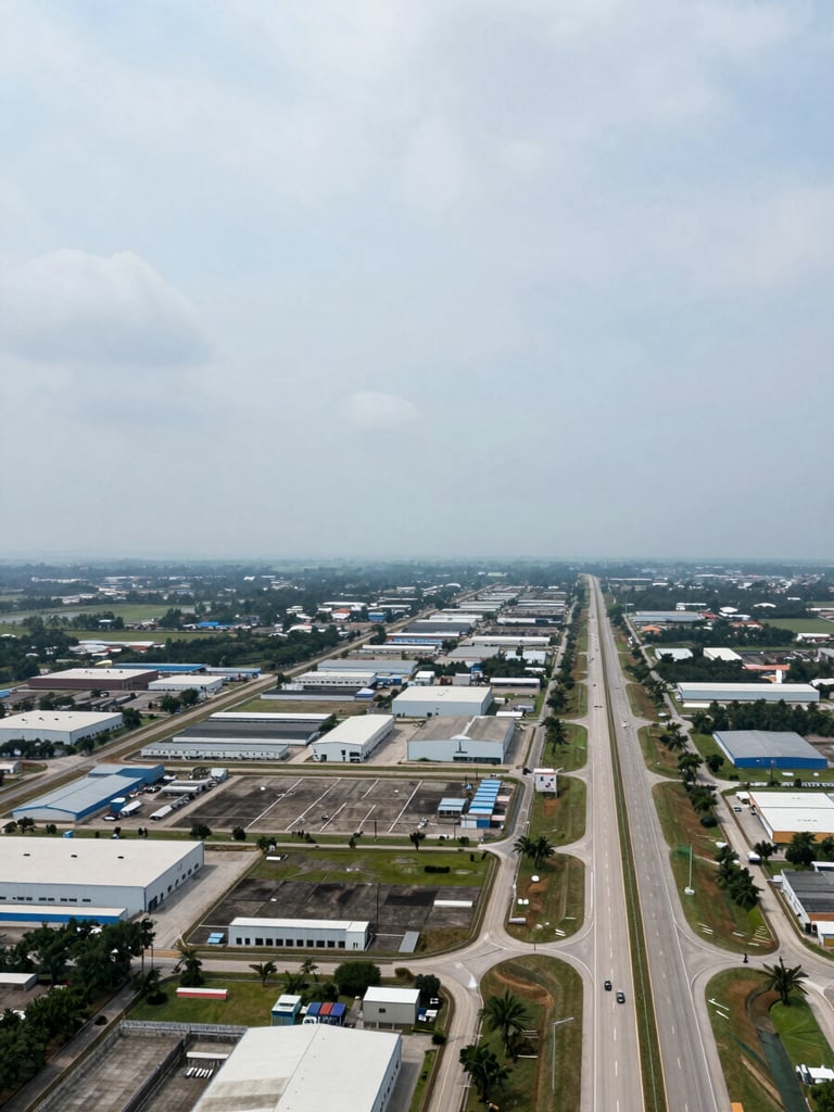 Wide environmental aerial view looking down a Johor development corridor at midday, industrial-scale land parcels and new road infrastructure stretching toward the horizon on the right third of the frame, clean overcast daylight, documentary framing with generous sky above