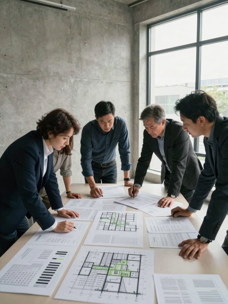 Wide environmental shot of a working investor session in a bare-concrete meeting room, three people leaning over a table covered with printed site plans and annotated spreadsheets, natural daylight from a large window on the right, faces not prominently visible, focus on the documents and working posture
