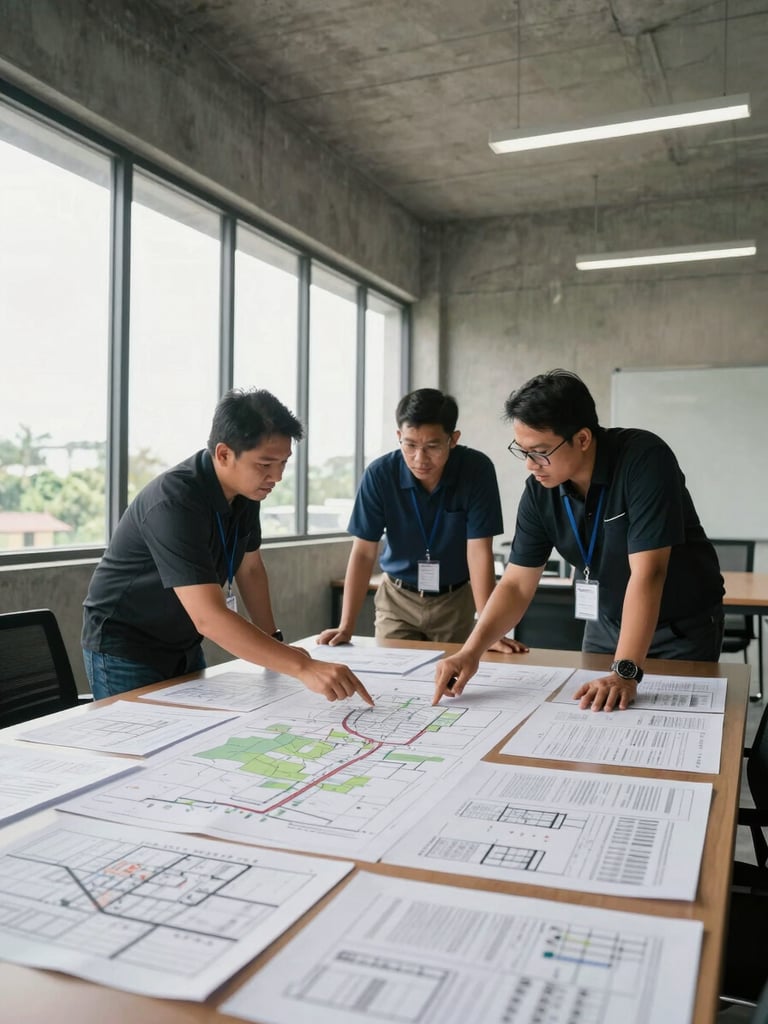 Wide environmental shot of a working investor session in a bare-concrete meeting room in Johor Bahru — three people leaning over a large table covered in site plans and printed data sheets, natural daylight from tall side windows, one person pointing at a map detail, no posed expressions, documentary framing from standing eye level
