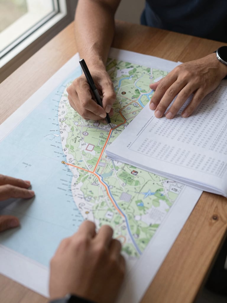 Close overhead shot of two pairs of hands on a large printed development corridor map — one hand holding a pen marking a site boundary near Mersing coastline, the other steadying a printed data sheet with handwritten annotations, clean natural window light from the left, wooden table surface visible at edges, documentary framing, no faces visible