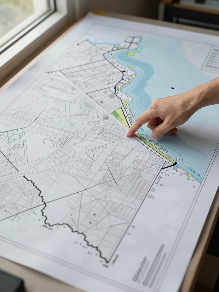 Overhead documentary shot of a regional site plan spread on a table — development zone boundaries marked in ink, a hand pointing to a coastal plot area, natural window light from the left, no staging, working environment visible at edges