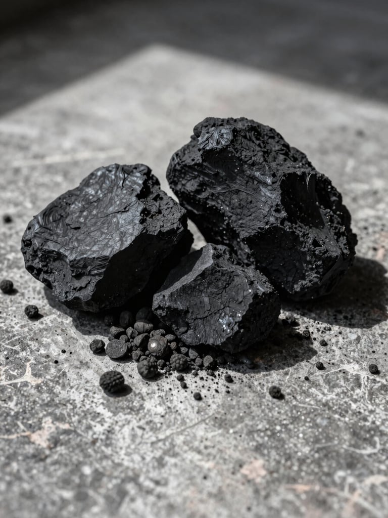 A portrait shot of raw black charcoal chunks and biomass pellets resting on a weathered concrete surface, sharp side-lighting casting deep shadows.