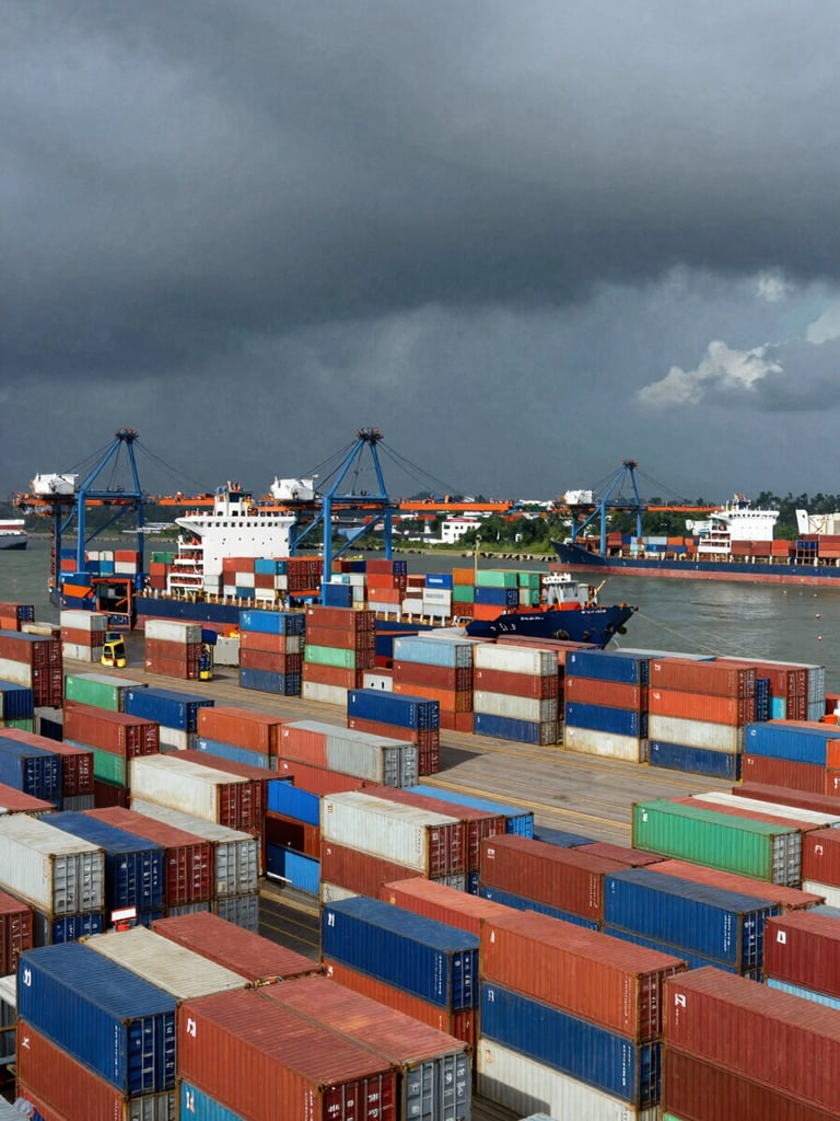 Wide panoramic view of Cochin port under heavy monsoon skies, massive shipping containers stacked in neat grids, container vessel docked, high-contrast natural light with deep shadows, no people.