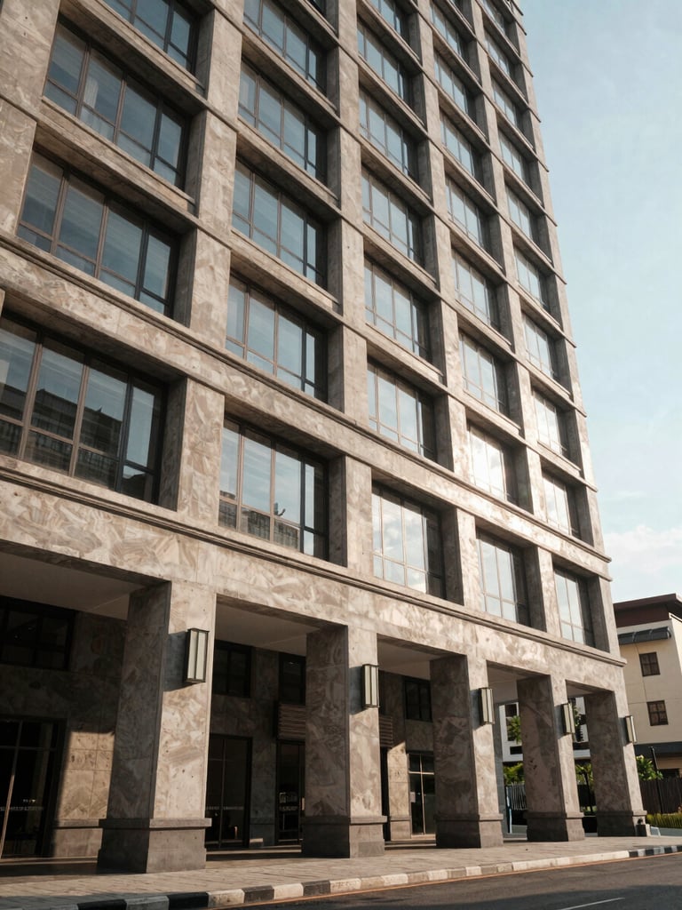 Wide environmental shot of a completed mixed-use retail and residential podium building in Medan, natural afternoon sidelight, concrete and stone facade detail visible, low-angle framing showing full ground floor colonnade, no people