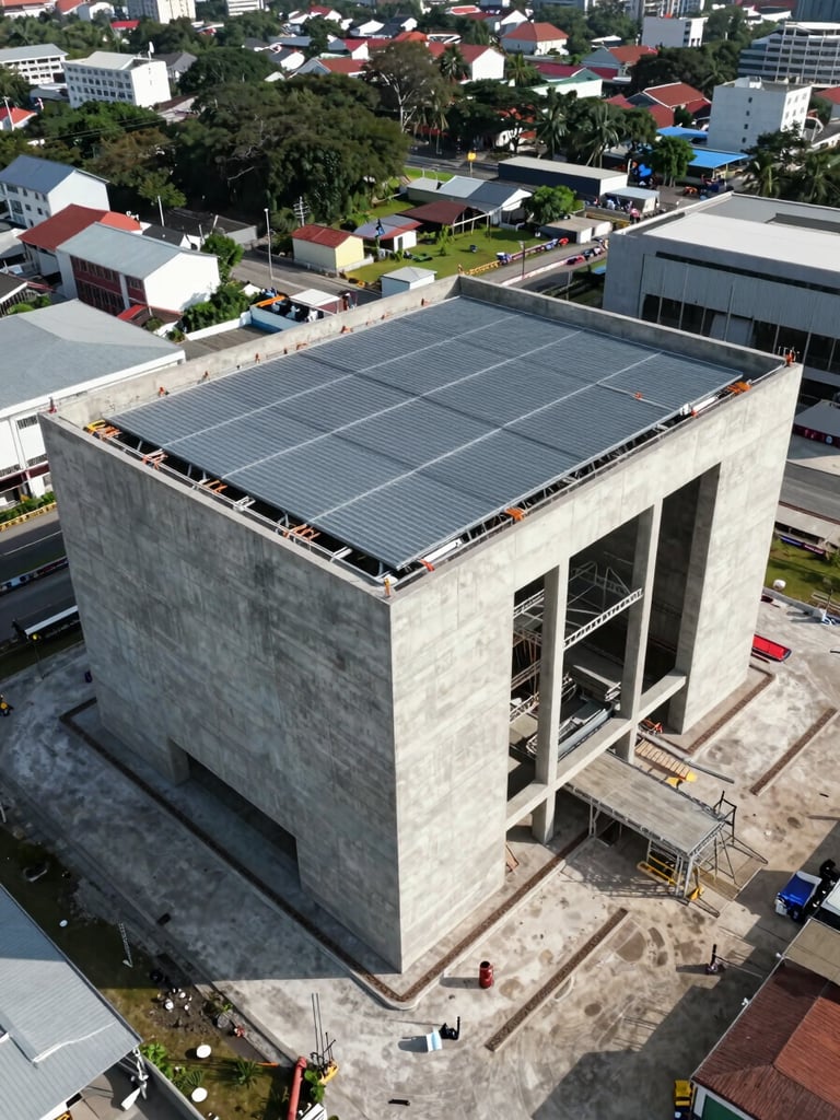 Overhead drone photograph of a completed infrastructure facility in Surabaya, large-scale concrete structure with steel roofing visible from above, natural midday light casting clean shadows across the site, surrounding urban context showing scale of the project