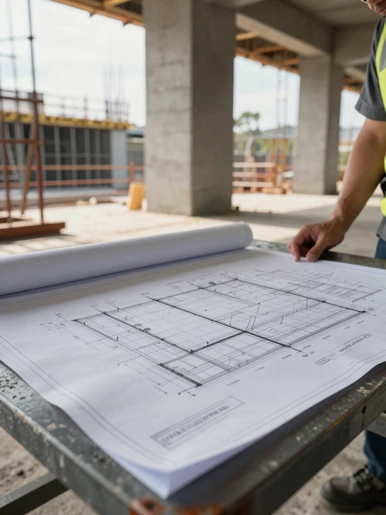 Close-up documentary photograph of a site engineer reviewing large-format structural drawings spread across a weathered steel table on an active construction site, natural afternoon light streaming through open formwork behind him, concrete columns visible in the mid-ground, shot from a low angle emphasising the scale of the documents and the industrial environment