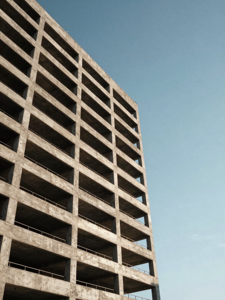 Wide panoramic frame, left-anchored: completed mid-rise commercial building exterior shot from ground level looking upward, concrete facade with exposed structural grid, natural afternoon sidelight casting sharp shadows across the surface, no people, no signage, generous sky in upper right third