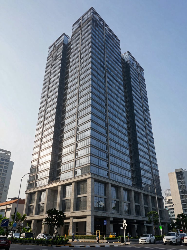 Environmental wide shot from street level: a completed mixed-use mid-rise building with glass curtain wall and exposed concrete base, Jakarta urban context visible in background, natural morning daylight, no people in foreground, full building height captured