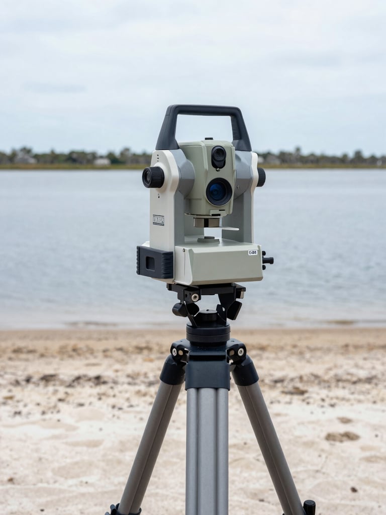 Close-up of environmental surveying equipment on a tripod overlooking a calm Florida Gulf Coast estuary, bright overcast daylight, focused on technical detail.