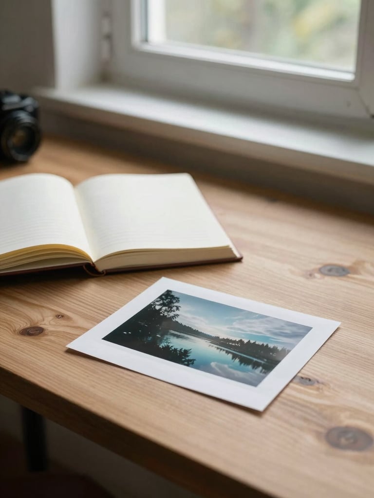 Spare photographer's worktable under diffuse north-facing window light, a single open journal and a developed print resting on raw wood, natural morning daylight, no clutter, wide environmental framing