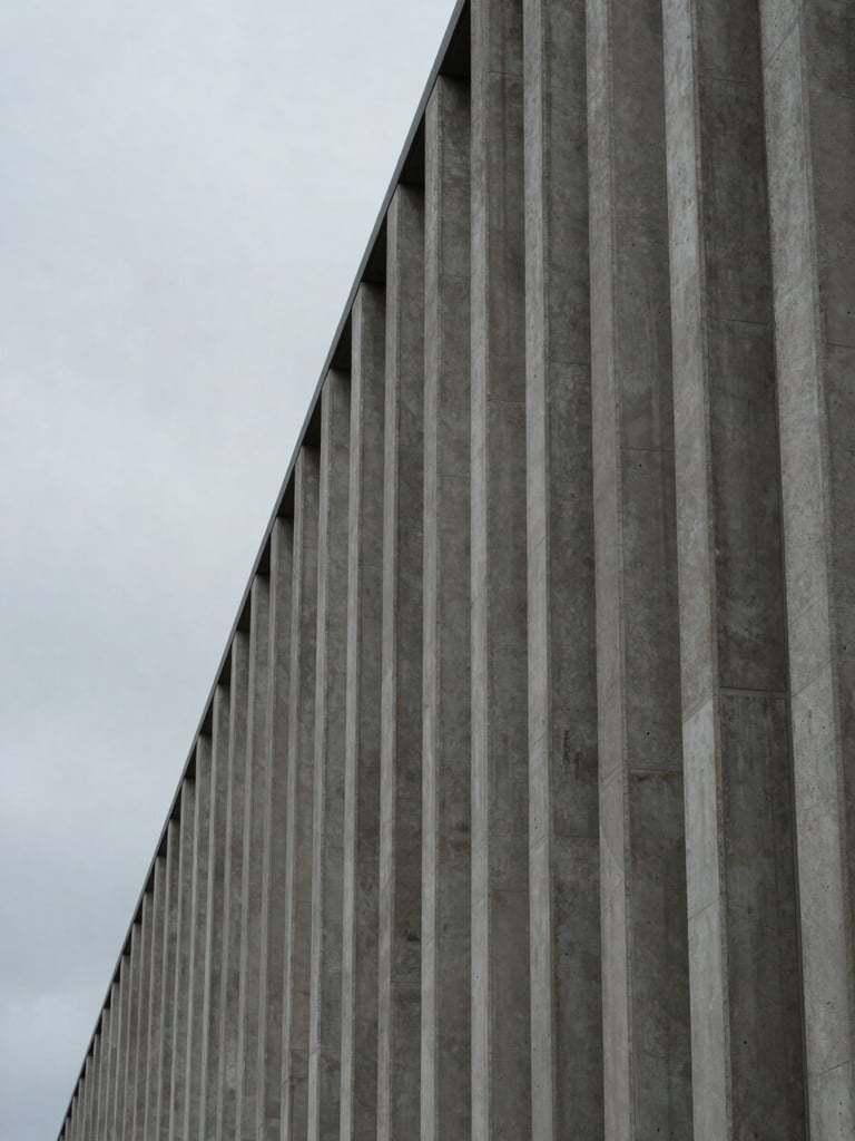 Panoramic architectural detail in the Pacific Northwest — a concrete facade under flat overcast sky, left third open grey atmosphere, strong vertical lines of the structure occupying the right two-thirds, no direct sun, muted tonal range