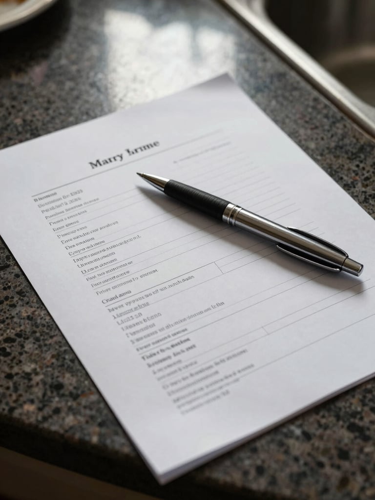 Close-up overhead shot of a pool proposal document spread on a kitchen table, a pen resting across line items, natural morning window light casting soft shadows, no faces visible
