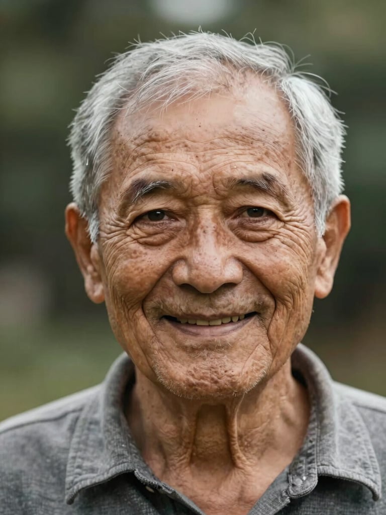 Dignified elderly man with a warm smile looking forward, soft natural background, environmental portrait.
