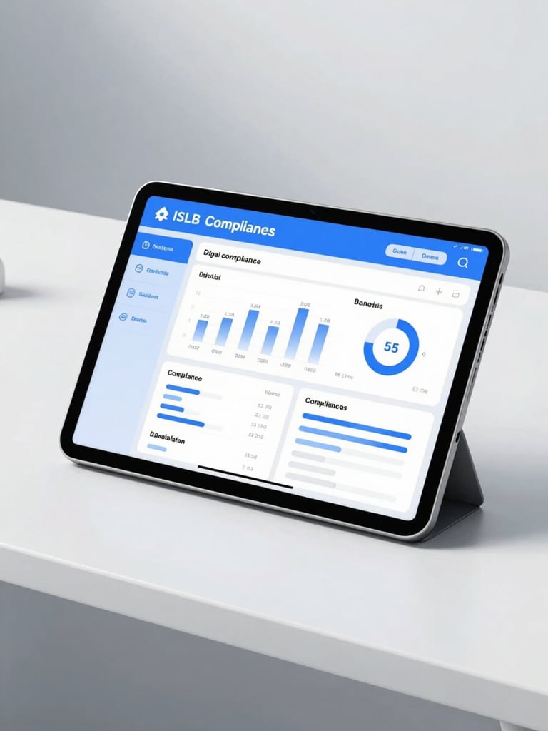 A close-up of a high-fidelity digital compliance dashboard on a tablet resting on a clean, minimalist white desk under bright cool daylight.