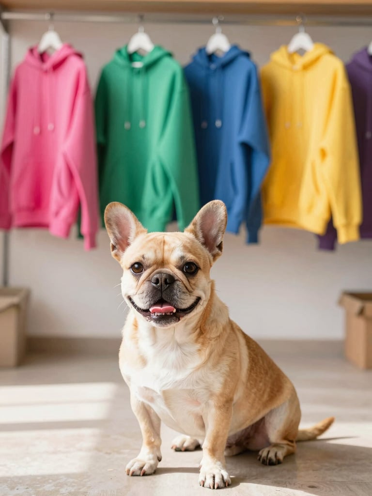 A warm, bright photo of a family workshop in Celaya, with colorful pet hoodies hanging in the background, warm daylight, crisp focus.
