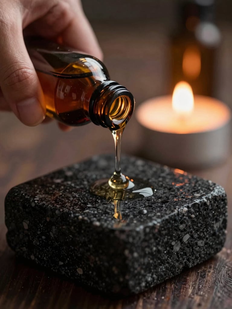 Macro aproximado de óleo de massagem aquecido caindo lentamente sobre pedras de basalto escuras e texturizadas, iluminação dramática de velas ao fundo, foco seletivo.