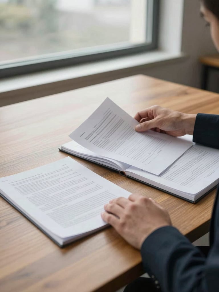 Wide environmental shot of a financial advisor reviewing documents at a large wooden desk, north-facing window light casting soft overcast daylight across open notebooks and printed statements, hands resting on papers mid-review, no eye contact with camera, calm and focused atmosphere