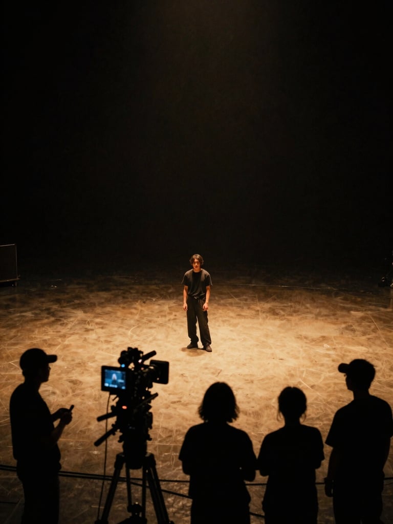 Extreme wide shot of a music video set — a lone performer in a pool of amber practical light, camera and crew silhouetted in deep foreground, vast dark studio negative space surrounding the frame, film-grade grain visible
