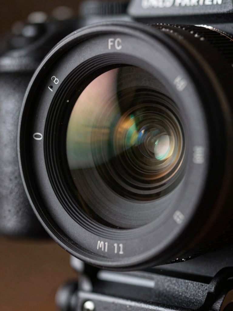 Extreme close-up of a cinema lens mounted on a camera body — the glass elements catching a single point of light, dark metal housing in sharp focus, the rest of the frame in near-total shadow, industrial precision