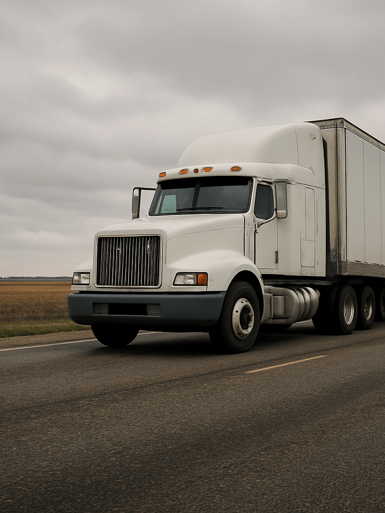 Wide environmental shot, semi-truck in service on a two-lane US highway, overcast midday light, flat agricultural land stretching to the horizon on the left, truck occupying right two-thirds of frame, underside road detail visible, no people