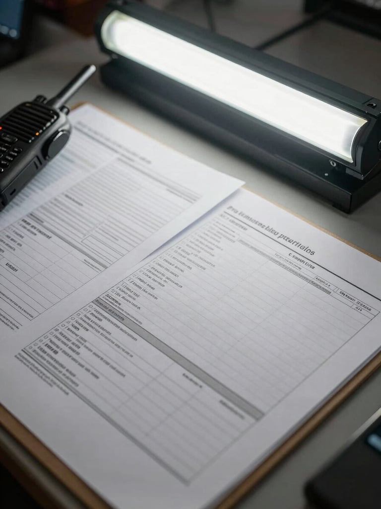 Close-up overhead shot of a dispatch coordination desk under fluorescent warehouse light, printed route manifests and load documentation spread across a work surface, a handheld radio and clipboard visible, no people in frame