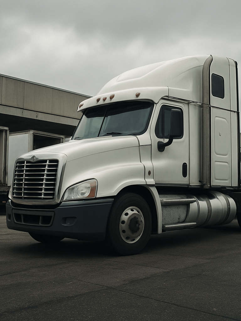 Ground-level environmental shot of a semi-truck cab parked at a freight terminal dock under overcast daylight, trailer doors open and visible in background, no people, wide frame