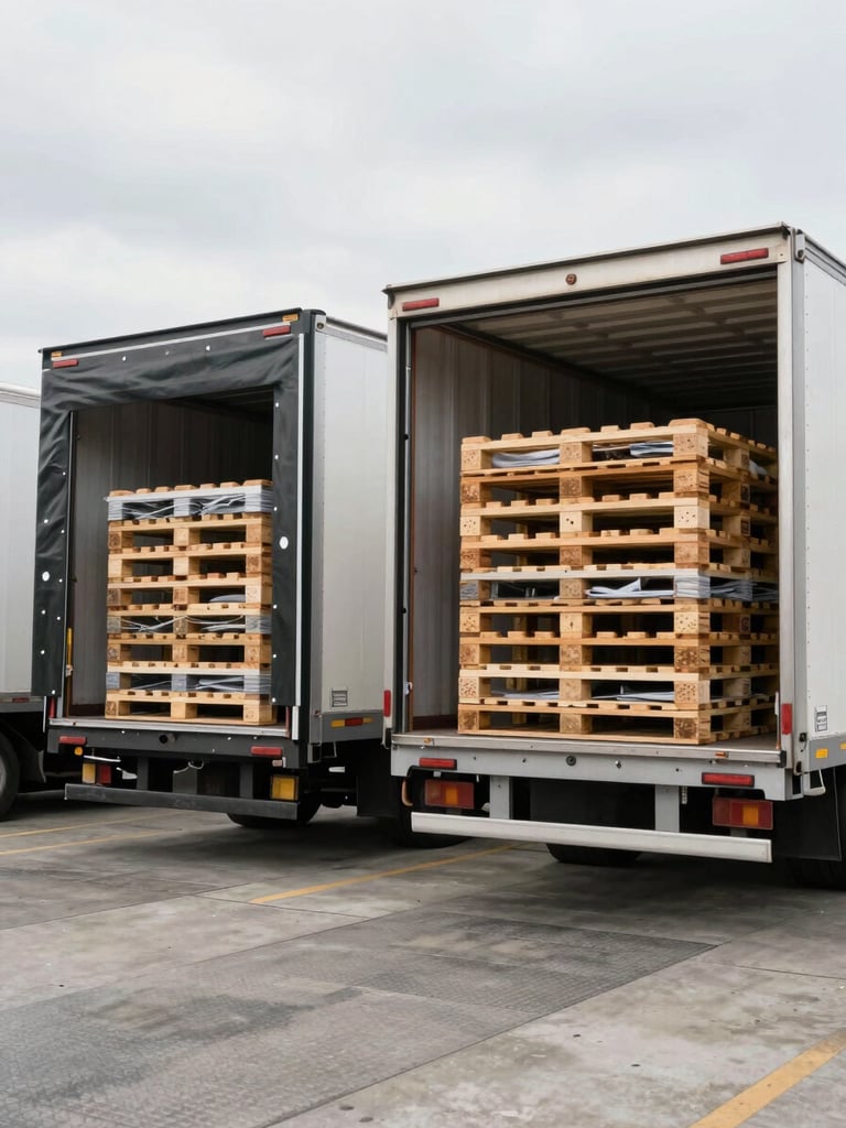 Wide environmental shot of a commercial loading dock at midday, freight secured on pallets inside an open trailer bay, natural overcast daylight casting even light across concrete floor and metal dock plates, no people in frame