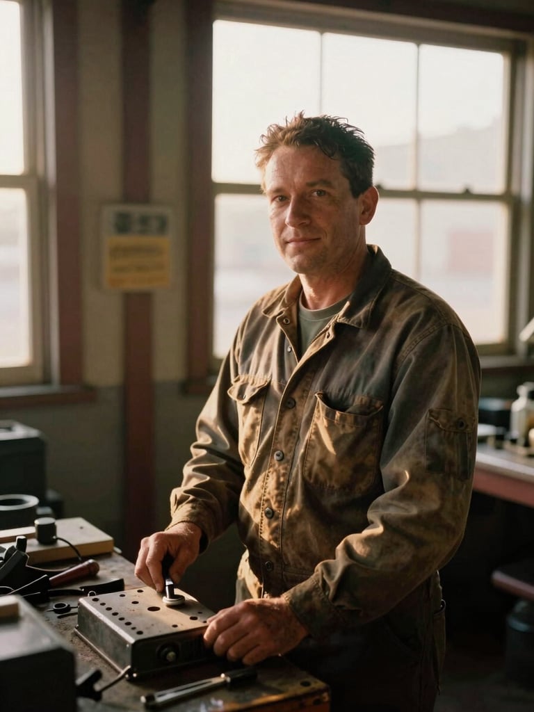 Candid medium portrait of a mechanic in a warm, dusty Fort Wayne garage, natural golden-hour daylight streaming through a side window, 35mm film texture.