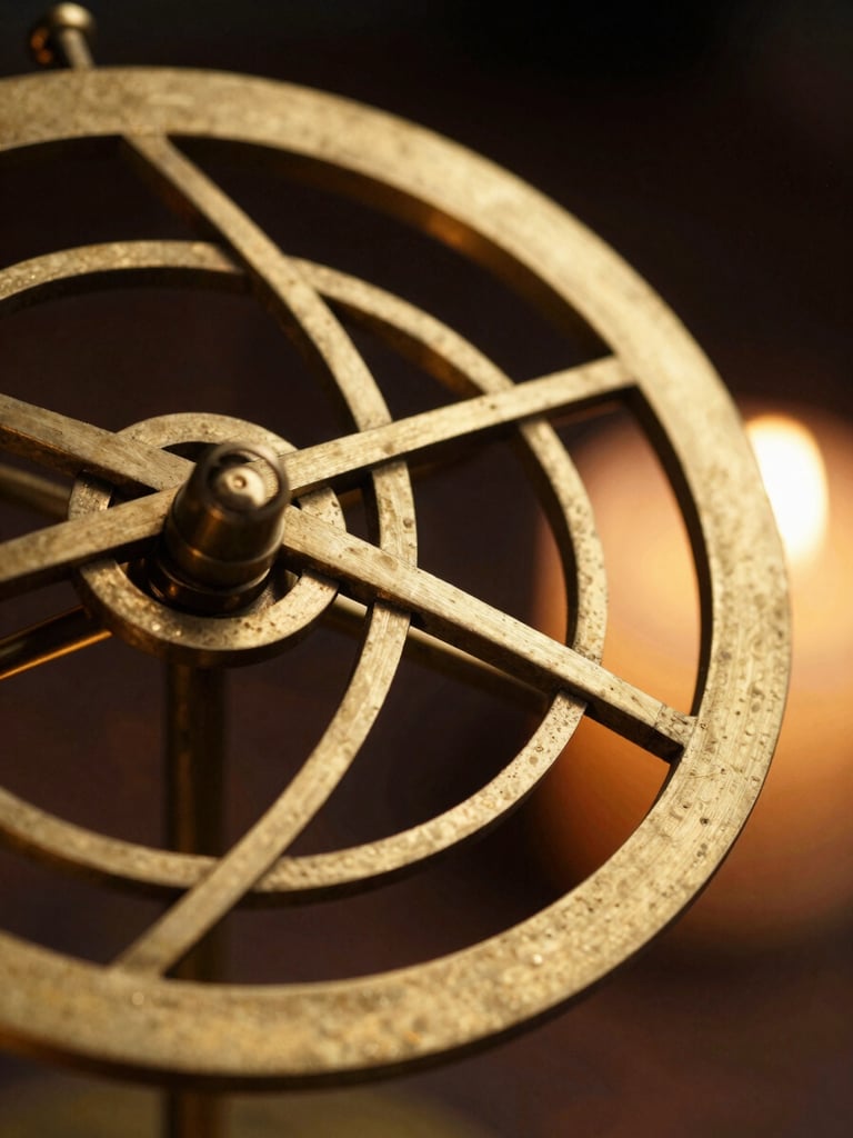 Macro close-up of a brass astronomical Yantra instrument, geometric lines engraved on metal, low-key warm candlelight, dark background.