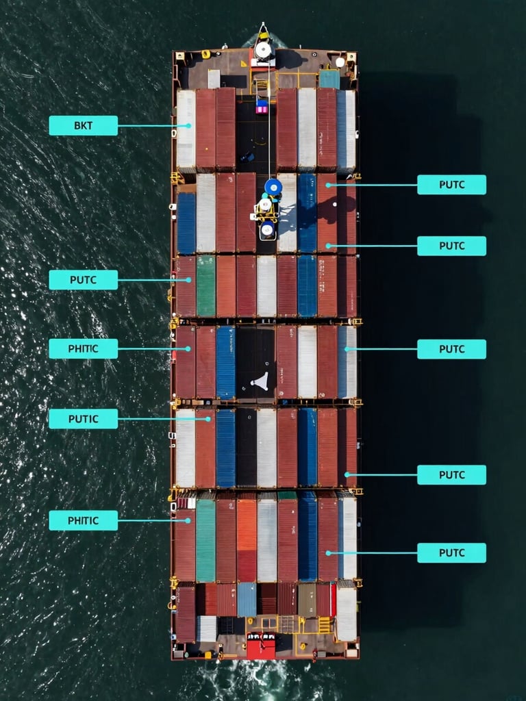 Extreme top-down nadir perspective of a deep-water shipping port, high-contrast container stacks annotated with hyper-cyan vector bounding boxes, dark water