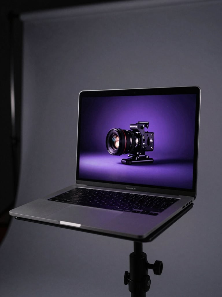 Wide portrait frame, a tethered laptop on a studio monitor arm displaying a high-contrast product shot in progress, cold purple key light raking across a matte grey sweep background, shallow focus on the screen, deep surrounding blacks