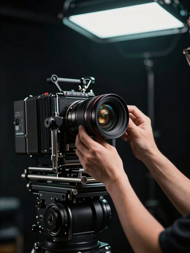 Tall portrait frame, photographer's hands adjusting a large-format lens on a cinema rig, cool teal overhead practicals casting hard shadows on matte black equipment, shallow depth of field, deep blacks