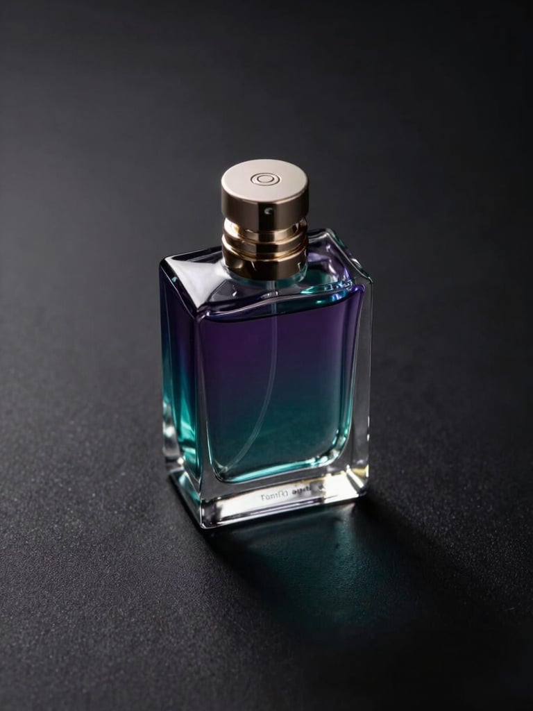 Close-up of a luxury perfume bottle on a seamless black surface, studio key light from above-left casting a precise shadow, teal-purple reflections on the glass, no background clutter — advertising product shot