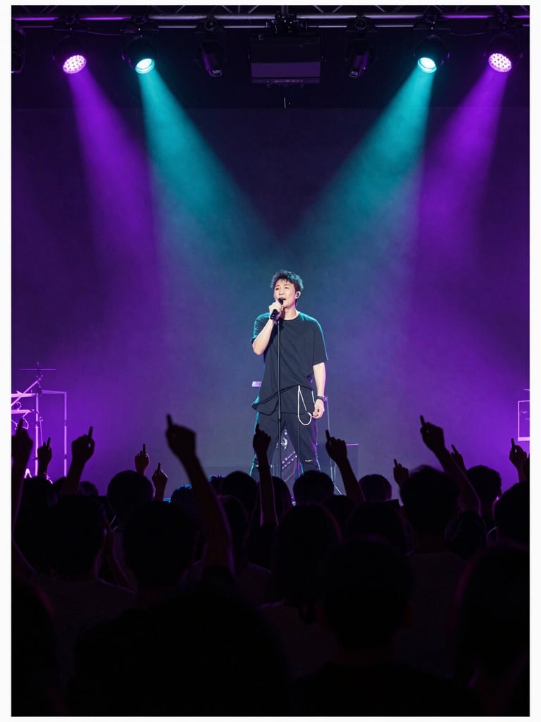 Wide stage shot of a live concert performance, lead singer caught mid-phrase at peak expression under a dramatic split of violet and teal stage lighting, microphone in hand, audience silhouettes stretching into darkness below, professional concert lighting rigs visible at the top frame edge