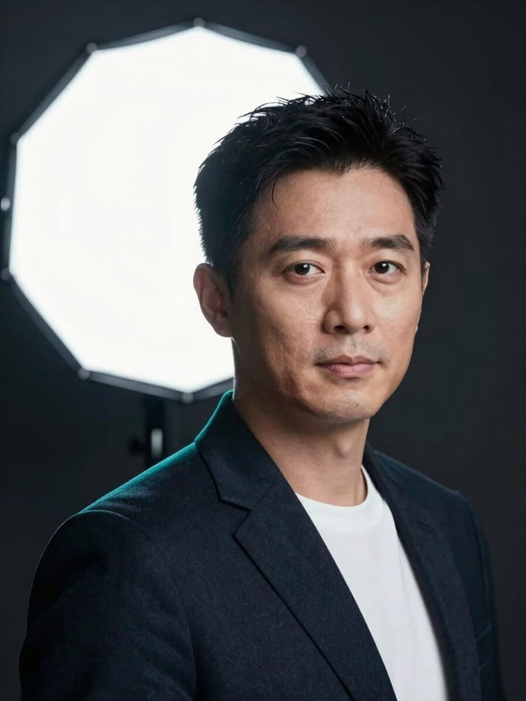 Executive headshot framed tightly at three-quarter crop against a dark seamless backdrop, single large soft-box key light from frame-left, cool teal rim light on the shoulder, high-contrast advertising-grade finish
