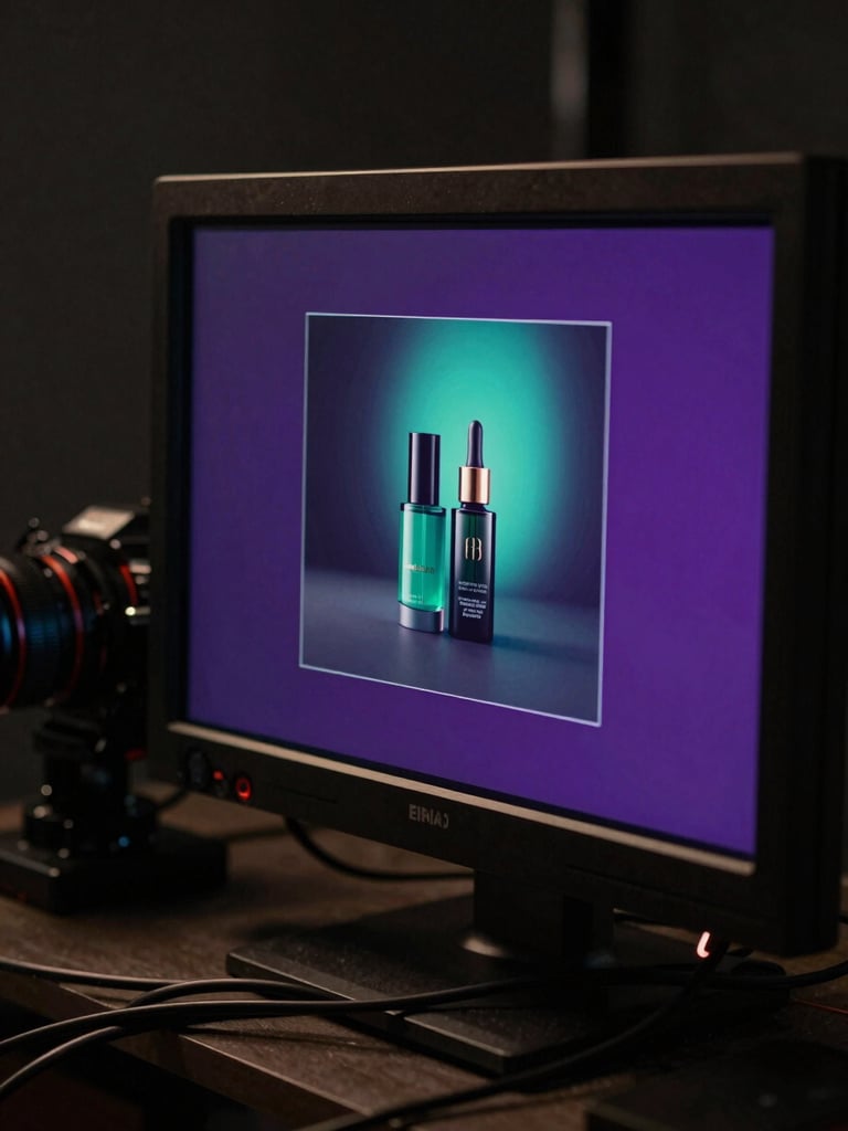 Close-up of a production monitor in a darkened studio showing a perfectly lit product advertisement frame on screen, deep purple and teal color cast from the display, cables and a camera lens partially visible to the left, cinematic low ambient light
