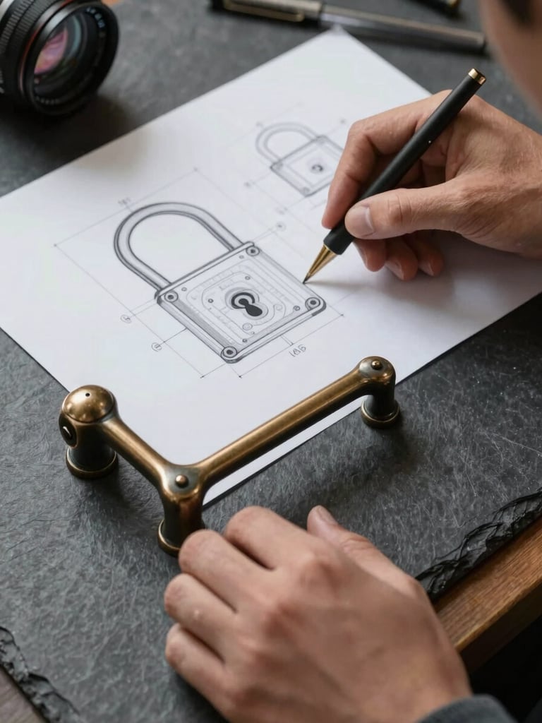 A designer's hands reviewing technical CAD drawings of a lock mechanism next to a raw-forged bronze handle on a dark slate worktable.