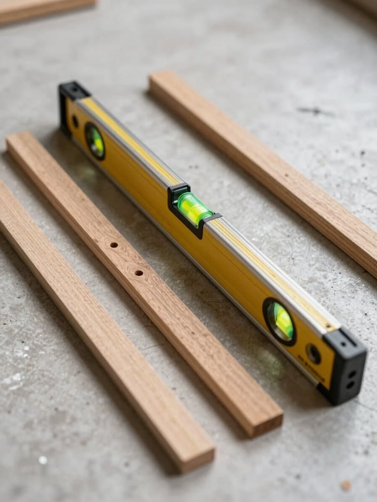 Close-up of professional flooring tools, a spirit level, and wooden spacers lying neatly organized on a clean subfloor during installation