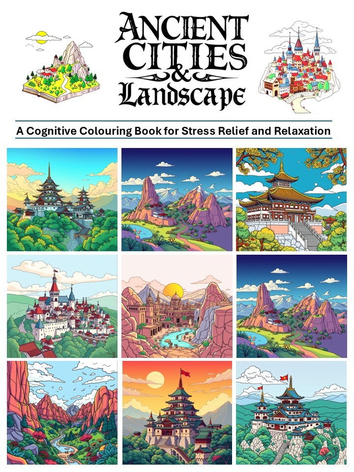 Ancient Cities and landscapes Colouring book cover