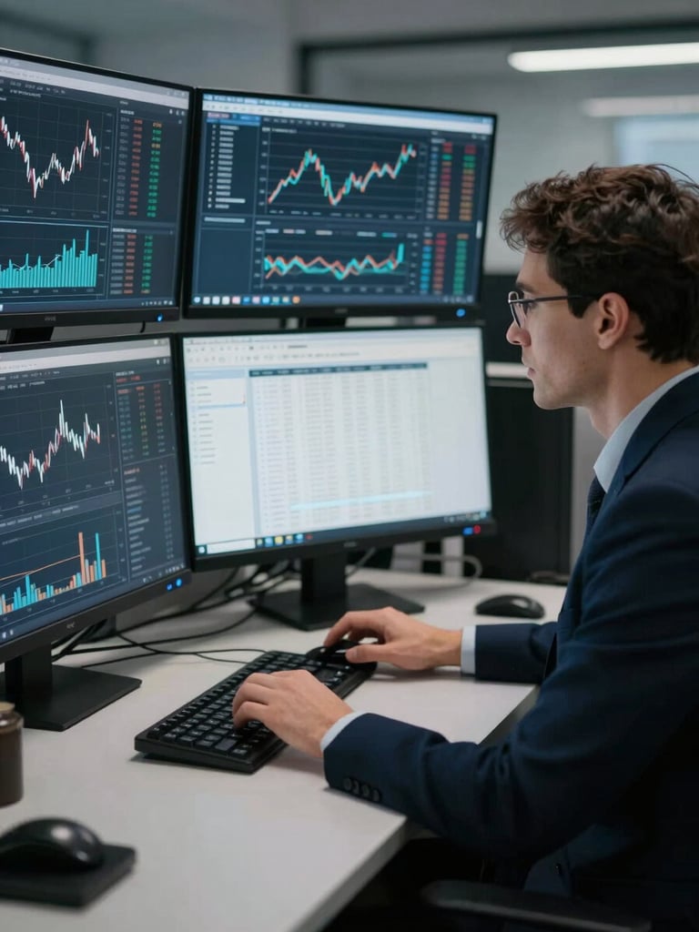 Focused professional analyzing complex financial data on multiple monitors in a cool-toned, structured office environment, 35mm