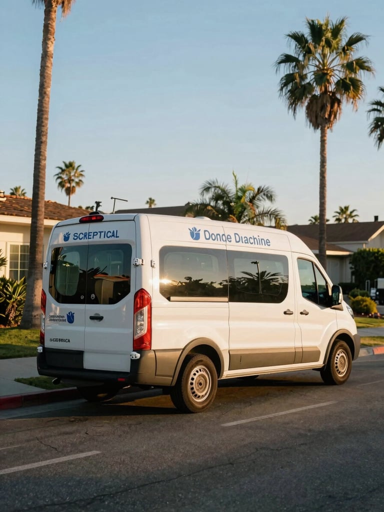 Wide shot of a modern, clean medical transport van parked on a sunny residential street in Corona, California, with palm trees and a clear blue sky in the background, soft golden hour light.